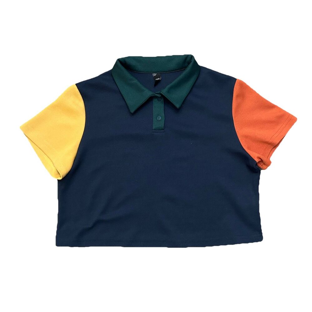 Cider Colorblock Cropped Polo Shirt Navy Yellow Orange Blokecore Preppy Top XL